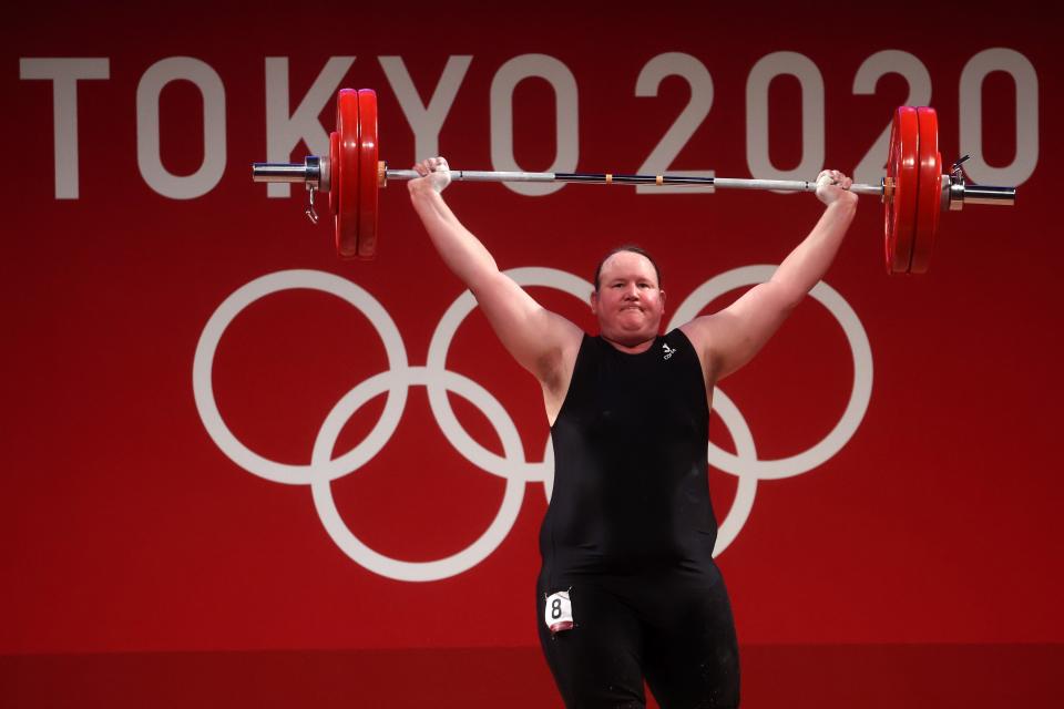 Laurel Hubbard competes on day 10 of the Tokyo Olympics.