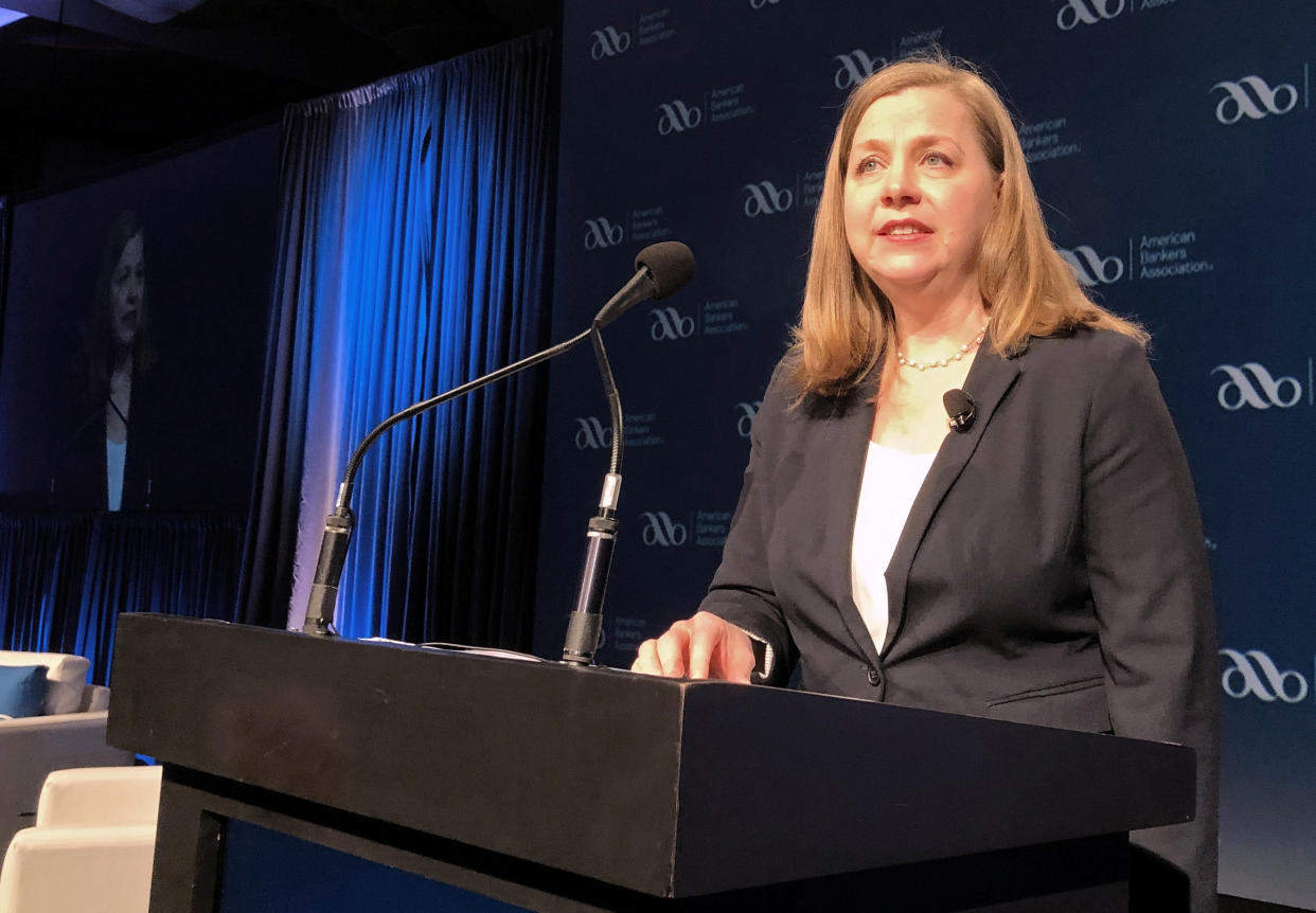 U.S. Federal Reserve Governor Michelle Bowman gives her first public remarks as a Fed policymaker at an American Bankers Association conference in San Diego, California, U.S., February 11 2019.  REUTERS/Ann Saphir