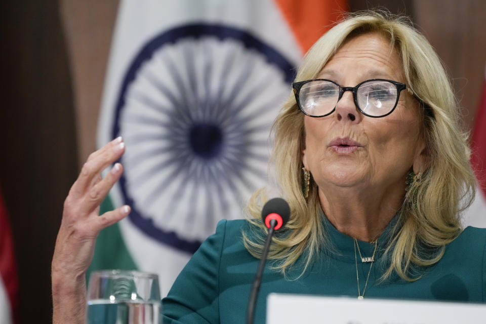First lady Jill Biden speaks during a visit with India's Prime Minister Narendra Modi to the National Science Foundation in Alexandria, Va., Wednesday June, 21, 2023. (AP Photo/Jacquelyn Martin)