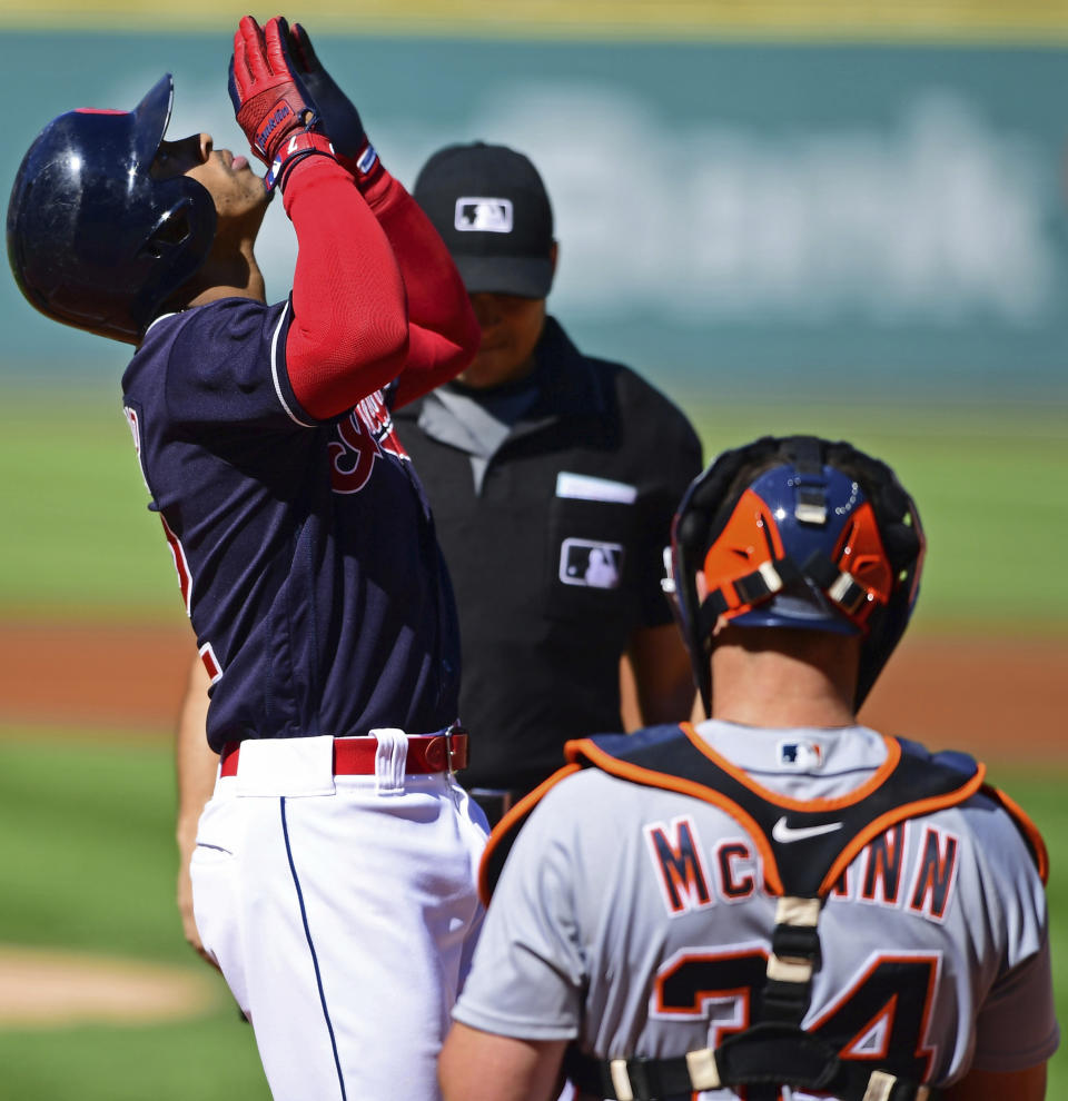 Cleveland Indians' Francisco Lindor celebrates after hitting a solo home run in the first inning of a baseball game against the Detroit Tigers, Saturday, Sept.15, 2018, in Cleveland. (AP Photo/David Dermer)