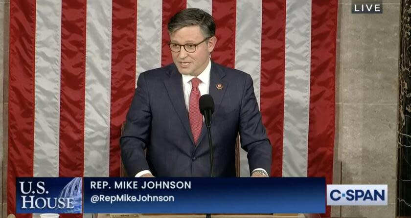 Rep. Mike Johnson (R-La.) delivers his first speech as the newly-minted House Speaker on Wednesday.