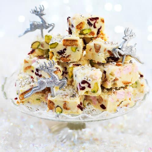 <p>These rocky bites have the delicious combination of white chocolate and coconut.</p><p><strong>Recipe: <a href="https://www.goodhousekeeping.com/uk/food/recipes/a535188/snowy-rocky-road/" rel="nofollow noopener" target="_blank" data-ylk="slk:Snowy rocky road" class="link ">Snowy rocky road</a></strong></p>