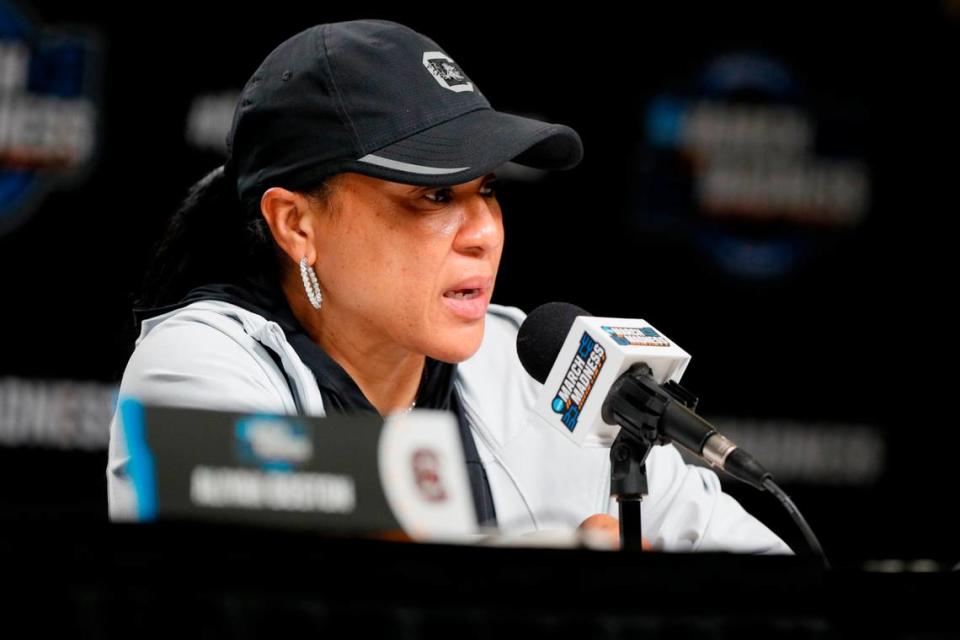 South Carolina Gamecocks head coach Dawn Staley answers questions from media at the Bon Secours Wellness Arena in Greenville, South Carolina on Sunday, March 26, 2023.