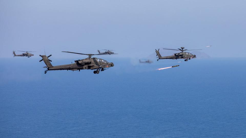 U.S. Army AH-64D Apache Longbow helicopters assigned to the 1st Battalion, 3rd Aviation Regiment (Attack Battalion), 12th Combat Aviation Brigade fired 15 Air-to-Ground Missile (AGM) 114R Hellfire II's at Karavia Range Complex, Greece, on May 12. (Capt. Gabrielle Hildebrand/Army)