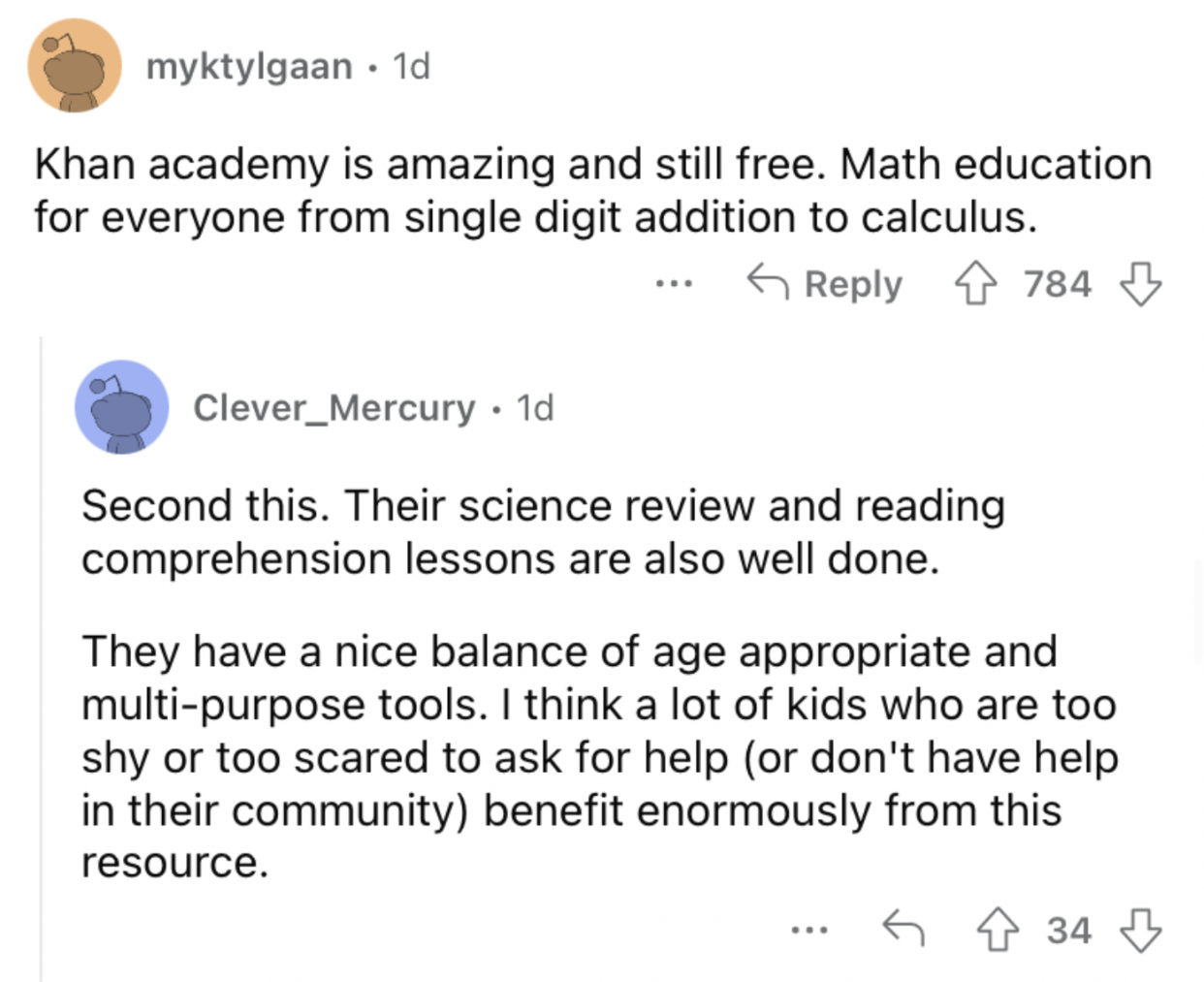 Reddit screenshot about how Khan Academy is a great app.
