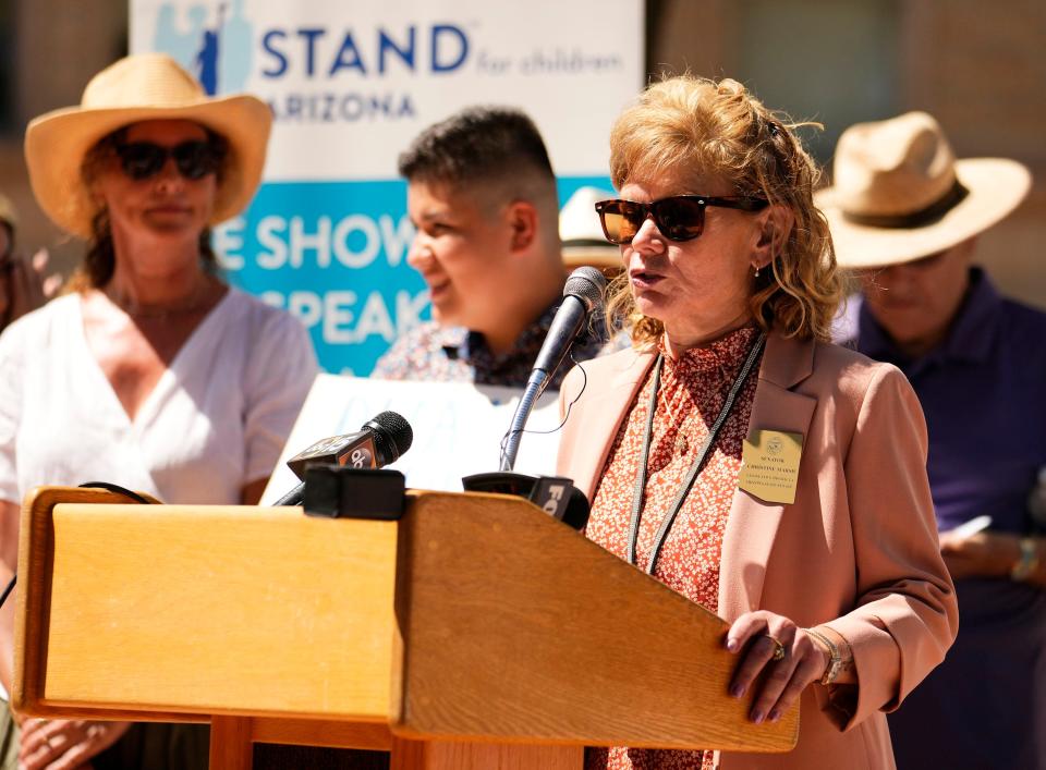 State Sen. Christine Marsh (District 28) addresses a crowd of protesters gathered outside the Arizona Capitol in Phoenix on July 13, 2023, urging Superintendent of Public Instruction Tom Horne to keep dual language immersion programs open to all students, including English learners