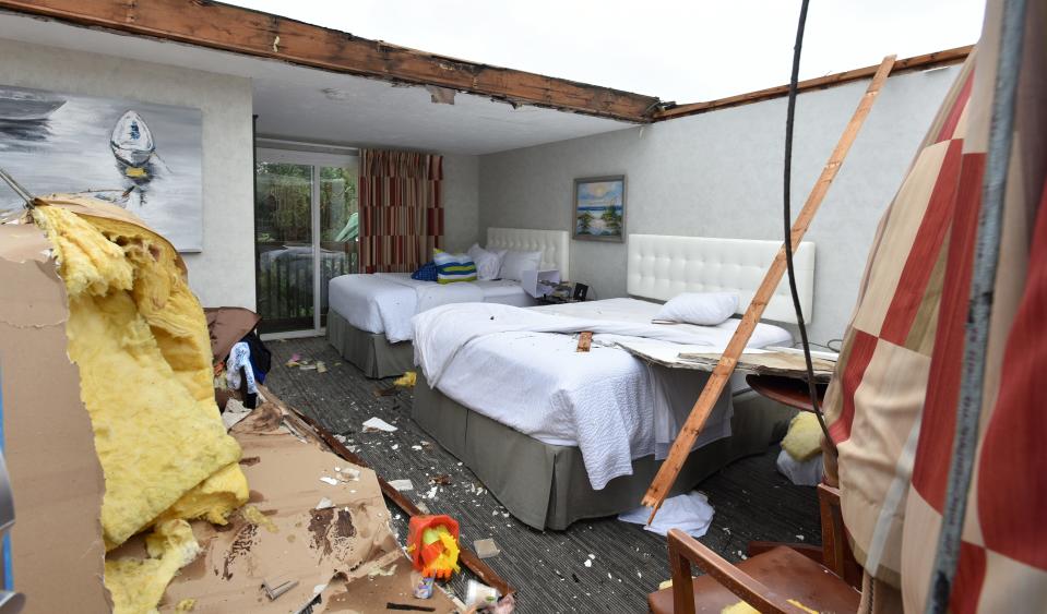 Second-floor rooms were exposed to the open air after the roof was ripped off at the Cape Sands Inn in West Yarmouth when a tornado hit in July 2019. The Cape has had five tornadoes touch down since 2018, an increased frequency from the past.