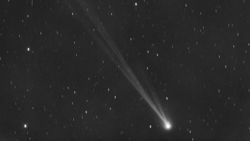 This image provided by Gianluca Masi shows the comet C/2023 P1 Nishimura and its tail seen from Manciano, Italy on Sept. 5, 2023. Comet Nishimura, which was only discovered last month, will be closest to earth on Tuesday, meaning it may be possible to view with the naked eye. 
