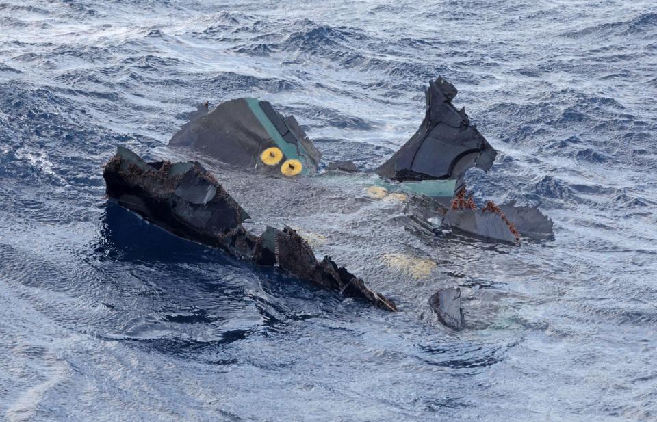 A floating object believed to belong to the U.S. military aircraft V-22 Osprey that crashed into the sea is seen off Yakushima Island, Kagoshima prefecture, western Japan November 30, 2023 (via REUTERS)