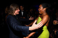 <p>Netflix executive Cindy Holland congratulated Regina King (<em>Seven Seconds</em>) on her Emmy win at the Governors Ball. (Photo: Michael Buckner/Variety/REX/Shutterstock) </p>