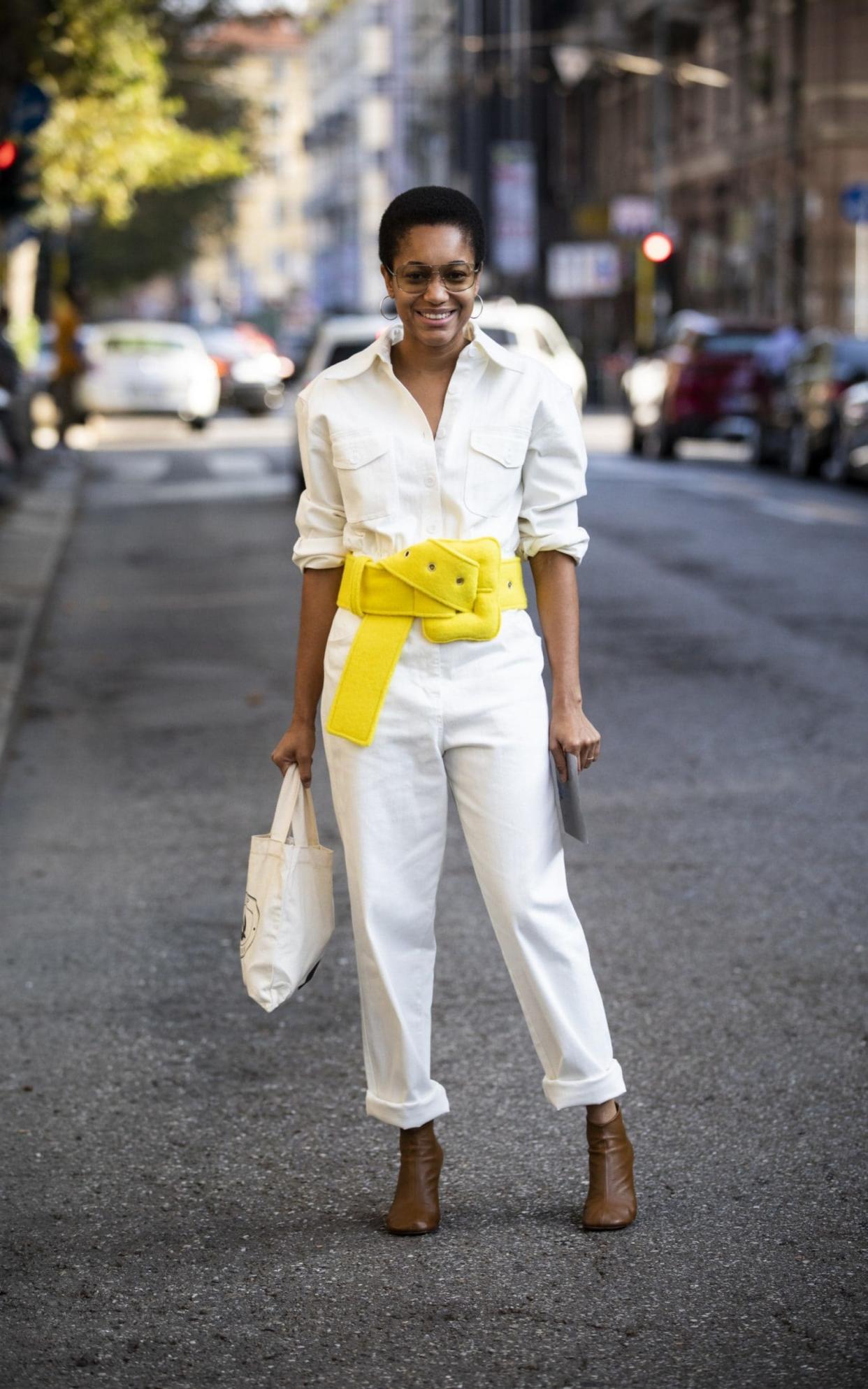 Tamu Mcpherson wearing a boiler suit in Milan.  - Getty Images Europe