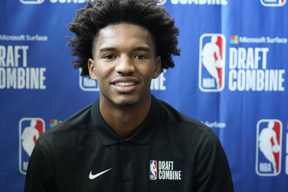 Tennessee’s Julian Phillips talks to the media during the 2023 NBA Draft Combine in Chicago on May 17.