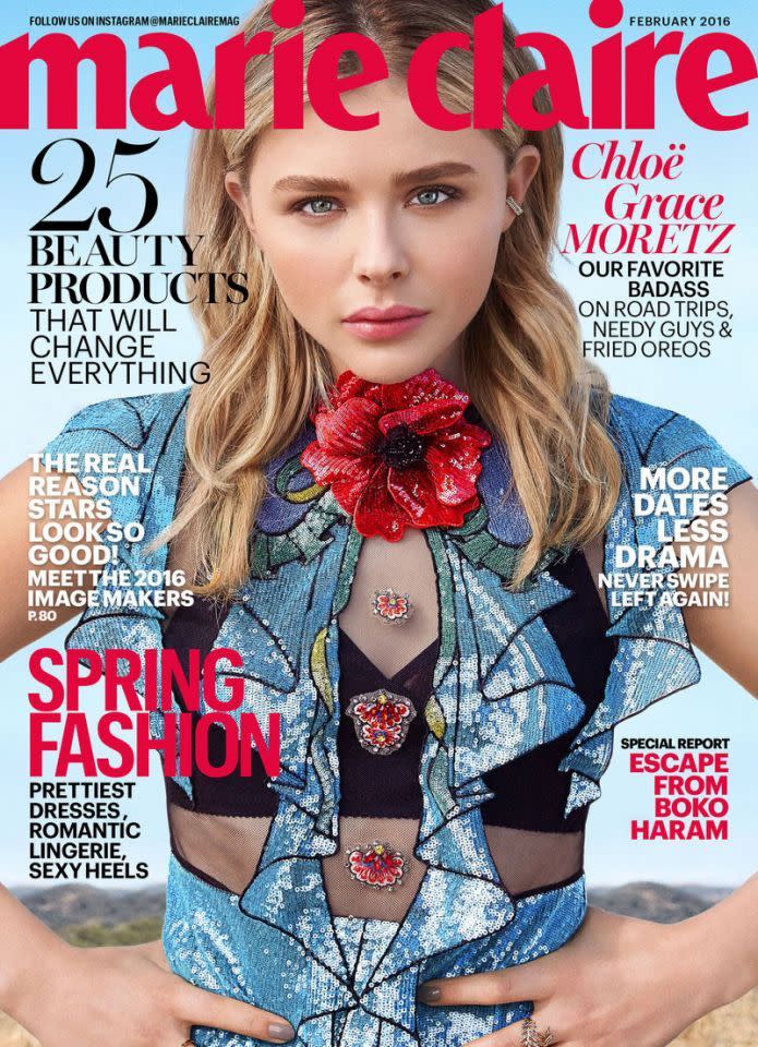 Chloë Grace Moretz auf dem Cover der US-amerikanischen Marie Claire vom Februar 2016. Sie trägt Gucci Look 9 der Frühjahrskollektion 2016.