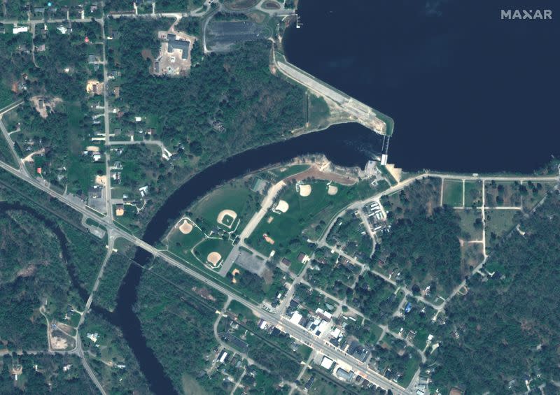 A satellite image shows a view of the Sanford dam before it breaks in Sanford, Michigan