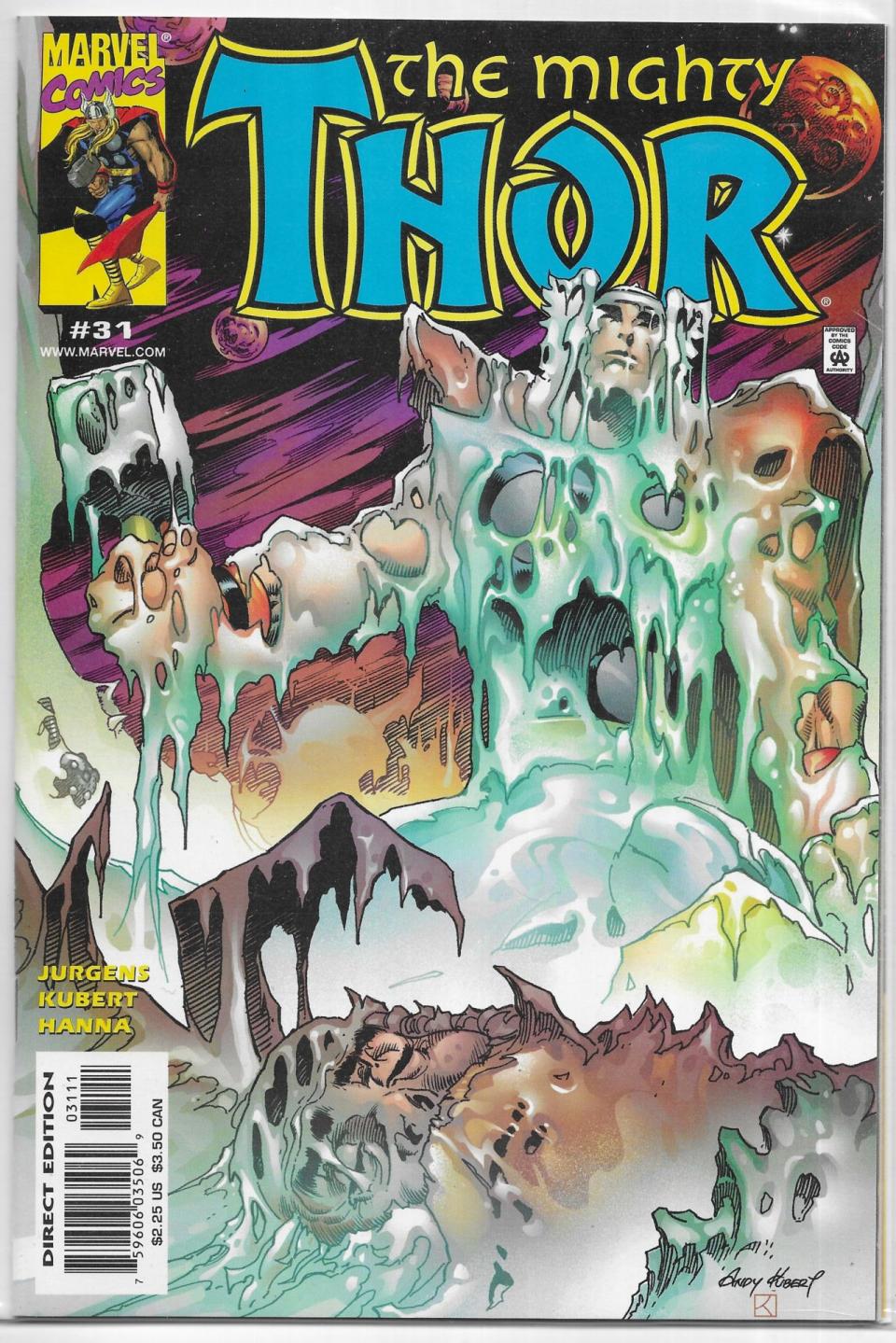 A comic book cover showing Thor covered in ice