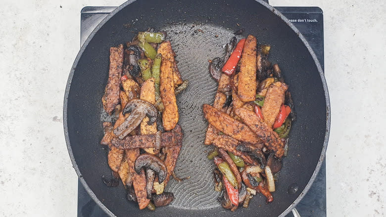 vegetables and tempeh in a pan