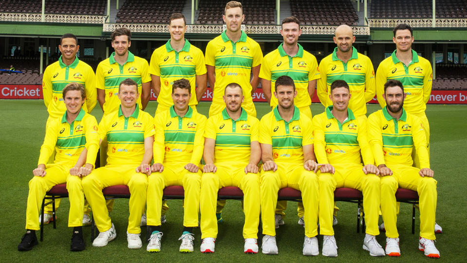 The Australian ODI team pose in the retro kits. (Photo by Jenny Evans/Getty Images)