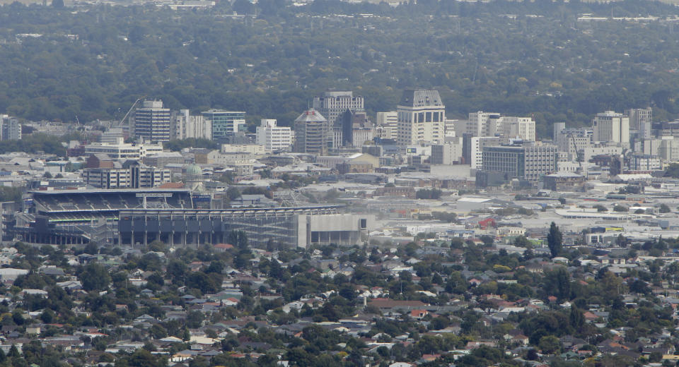 FILE - In this Feb. 28, 2011, file photo, a general view of Christchurch's central business district is seen in New Zealand. Despite its tranquility and beauty, New Zealand city of Christchurch is painfully familiar with trauma and will need to use that experience to recover from the March 15, 2019, terrorist attack. (AP Photo/Mark Baker, File)