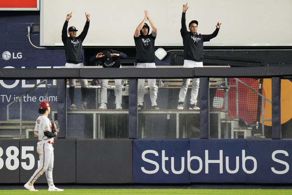 Arizona Diamondbacks center fielder Alek Thomas watches as the New York Yankees' bullpen celebrates a three-run home run by Aaron Judge during the third inning of a baseball game Friday, Sept. 22, 2023, in New York. (AP Photo/Frank Franklin II)