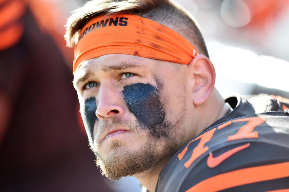 Oct 13, 2019; Cleveland, OH, USA; Cleveland Browns offensive guard Wyatt Teller (77) watches from the bench during the fourth quarter against the Seattle Seahawks at FirstEnergy Stadium. Mandatory Credit: Ken Blaze-USA TODAY Sports