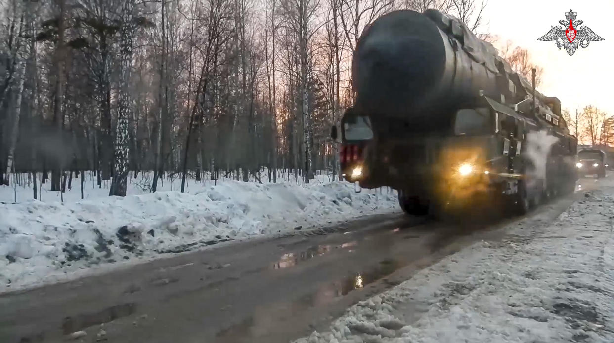 This photo made from video provided by the Russian Defense Ministry Press Service on Wednesday, March 29, 2023, shows a Yars missile launcher of the Russian armed forces being driven in an undisclosed location in Russia. The Russian military on Wednesday launched drills of its strategic missile forces, deploying Yars mobile launchers in Siberia in a show of the country's massive nuclear capability amid the fighting in Ukraine. (Russian Defense Ministry Press Service via AP)