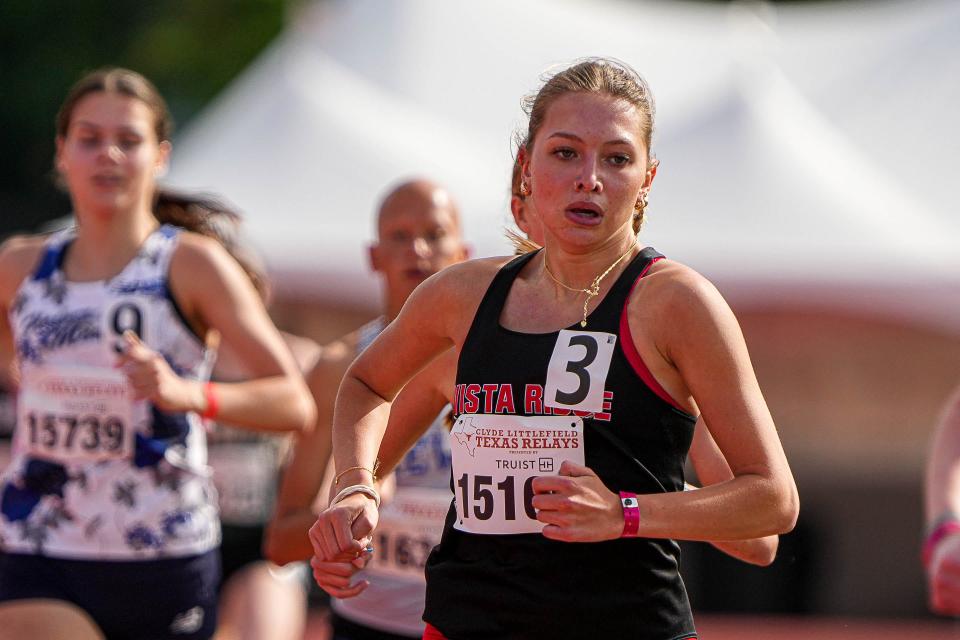 Vista Ridge's Emma Wade competes in the 1,600-meter run during the Texas Relays in March. She's running in both the 1,600 and 3,200 at the UIL state track and field meet at Myers Stadium.