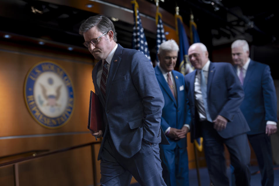 Speaker of the House Mike Johnson, R-La., left, departs a news conference followed by Rep. Roger Williams, R-Texas, Majority Leader Steve Scalise, R-La., and Whip Tom Emmer, R-Minn., at the Capitol in Washington, Tuesday, April 30, 2024. Johnson and other Republicans are calling for an end to the student protests over the Israel-Hamas conflict, even encouraging intervention by the National Guard. (AP Photo/J. Scott Applewhite)