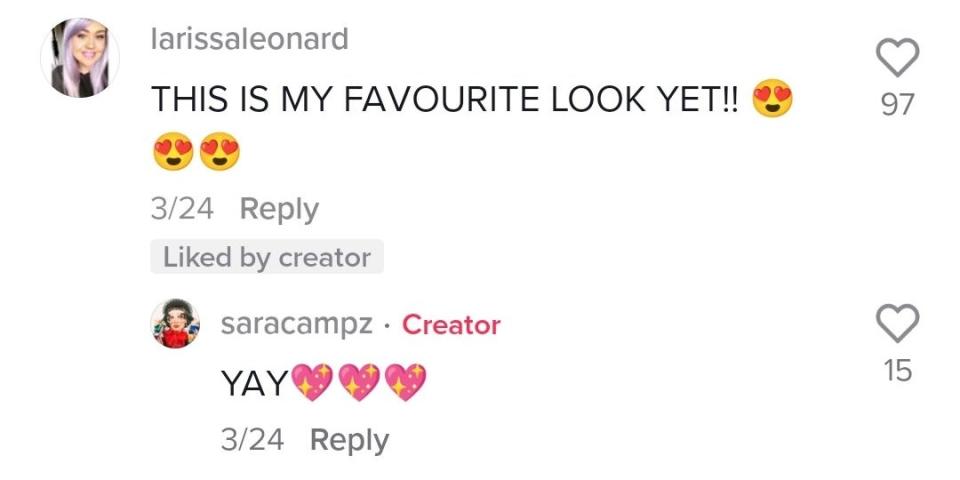 Screen shot of comments on Sara's TikTok