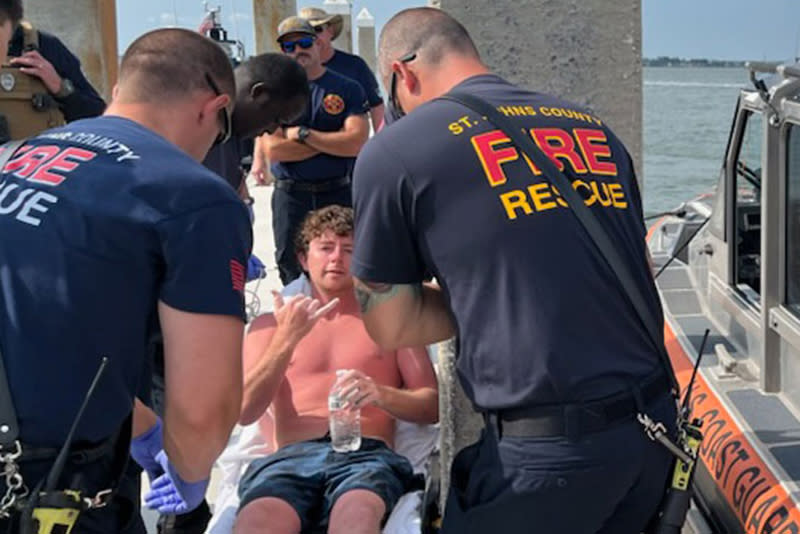 EMS transfer Charles Gregory to a local hospital after Coast Guard crews rescued him off a partially submerged 12-foot jon boat 12 miles offshore St. Augustine, Florida, Aug. 5, 2023. Charles departed the Lighthouse Park Boat Ramp Thursday night and his parents reported he was missing to Coast Guard Sector Jacksonville watchstanders. (Coast Guard Station Mayport)