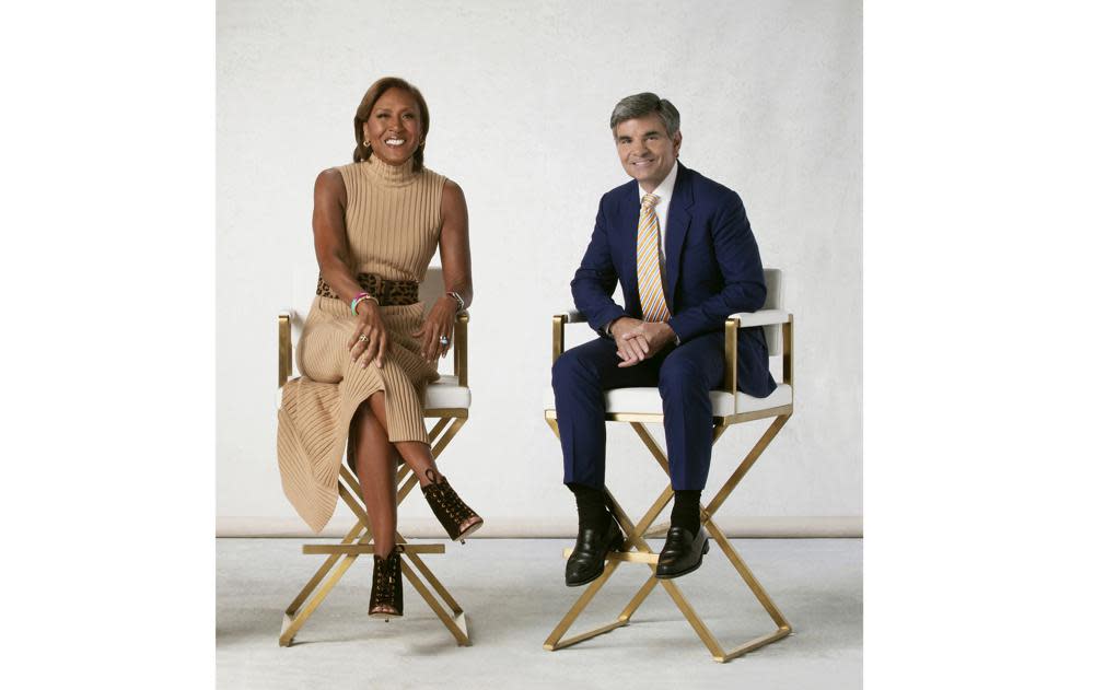 This image released by ABC shows “Good Morning America” co-hosts Robin Roberts, left, and George Stephanopoulos, who the longest-serving pair of hosts on one of the ABC, CBS or NBC morning news shows. (Heidi Gutman/ABC via AP)