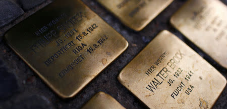 Parts of the Holocaust memorial project "Stolpersteine" (stumbling blocks) are pictured in Berlin, Germany, August 18, 2017. REUTERS/Hannibal Hanschke