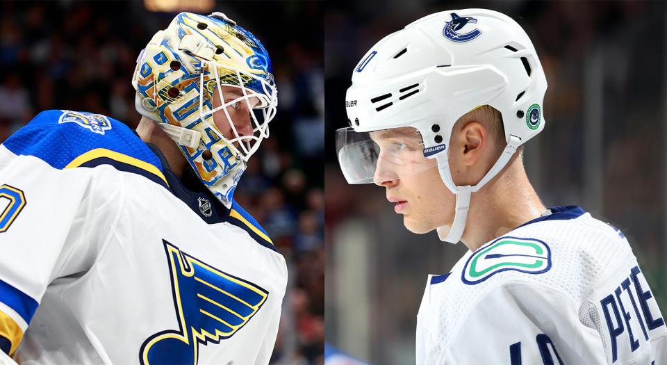 St. Louis Blues netminder Jordan Binnington still doesn't seem to be over the fact Vancouver Canucks forward Elias Pettersson was named the NHL's top rookie last season. (Getty Images)