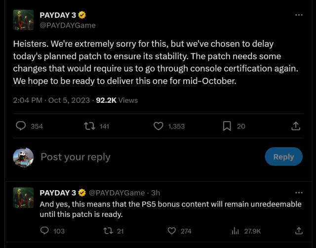 Payday 3 update delayed, studio issues apology