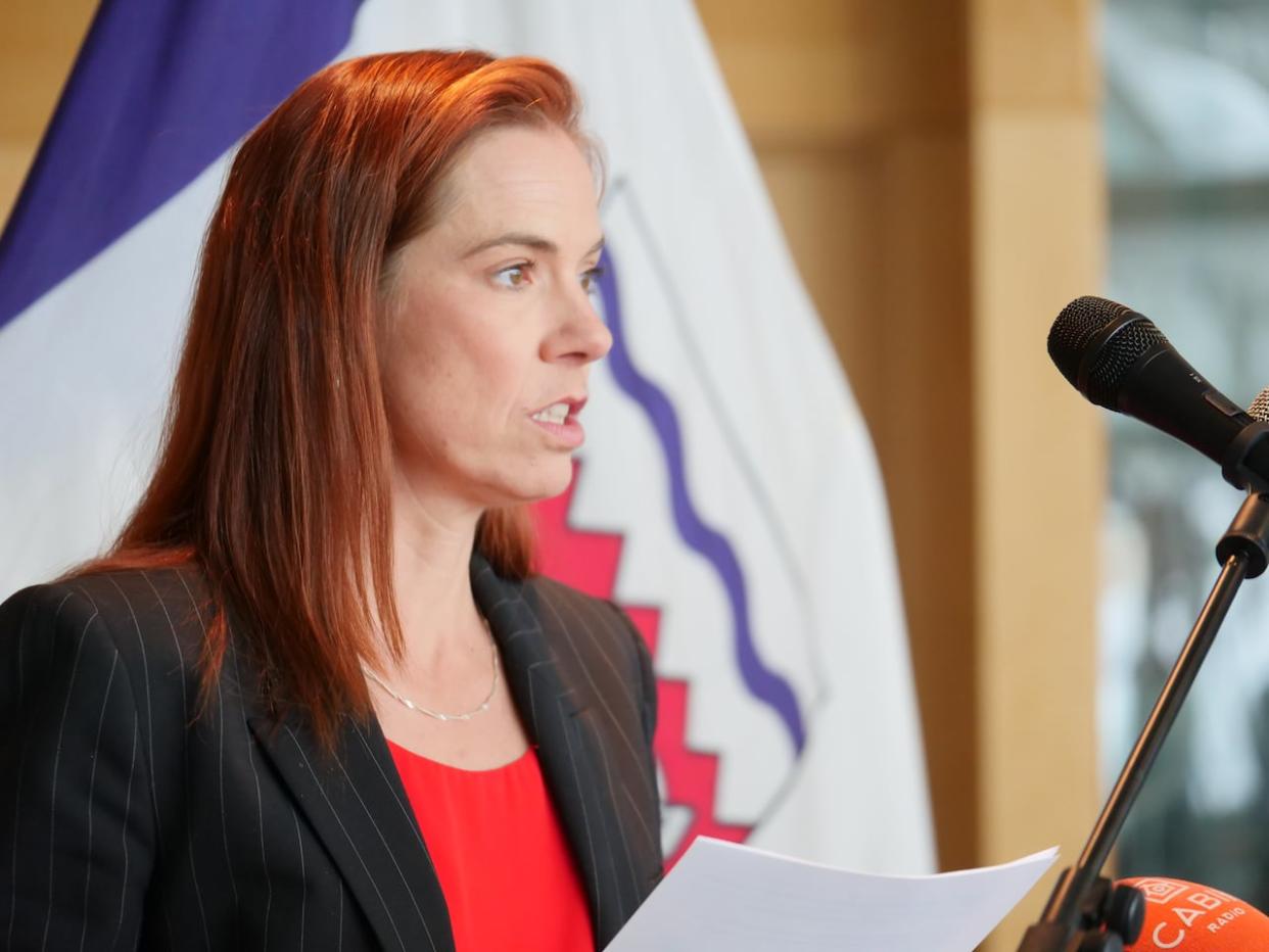 Caroline Wawzonek, N.W.T. finance minister, speaks to reporters at a news conference on Monday. At the news conference she and Premier R.J. Simpson announced the territory is launching a strategy to find an additional $150 million annually. (Julie Plourde/Radio-Canada - image credit)