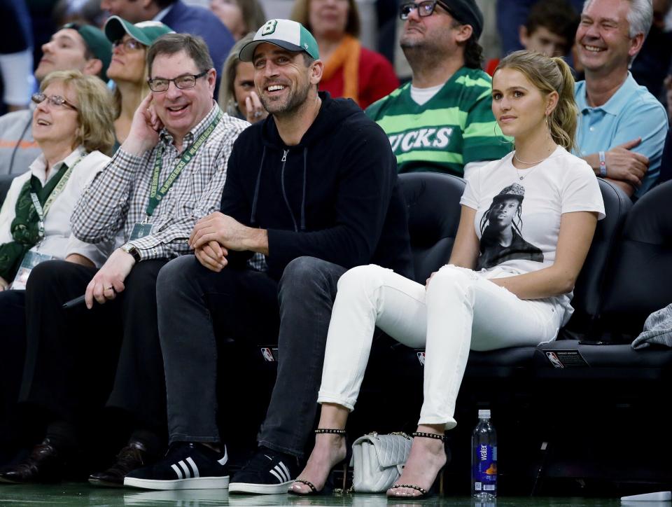 Aaron Rodgers of the Green Bay Packers looks on during Game Five of the Eastern Conference Finals of the 2019 NBA Playoffs between the Toronto Raptors and Milwaukee Bucks at the Fiserv Forum on May 23, 2019 in Milwaukee, Wisconsin.