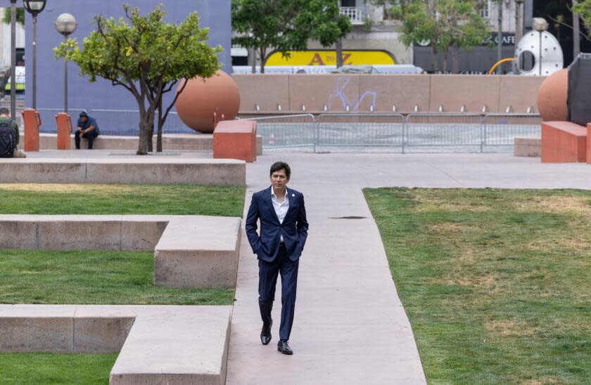 Los Angeles, CA - June 19: LA Councilmember Kevin de Leon arrives for a press conference to announce intent to rename Pershing Square to Biddy Mason Park in Pershing Square Wednesday, June 19, 2024 in Los Angeles, CA. (Brian van der Brug / Los Angeles Times)