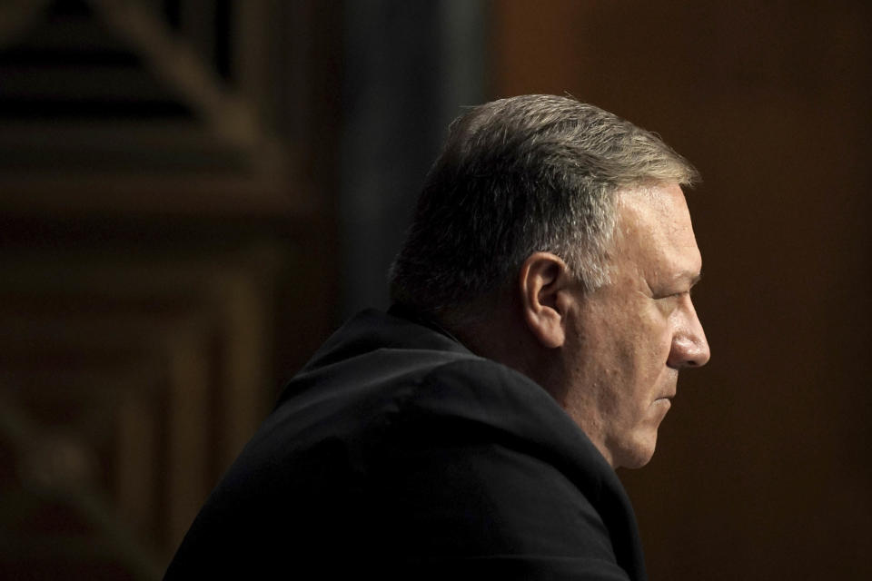 Secretary of State Mike Pompeo appears during a Senate Foreign Relations committee hearing on the State Department's 2021 budget on Capitol Hill Thursday, July 30, 2020, in Washington. (Greg Nash/Pool via AP)