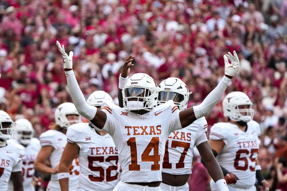 Texas Longhorns defensive back X’Avion Brice hypes up the crowd ahead of the game against Alabama at Bryant-Denny Stadium on Saturday, Sep. 9, 2023 in Tuscaloosa, Alabama.