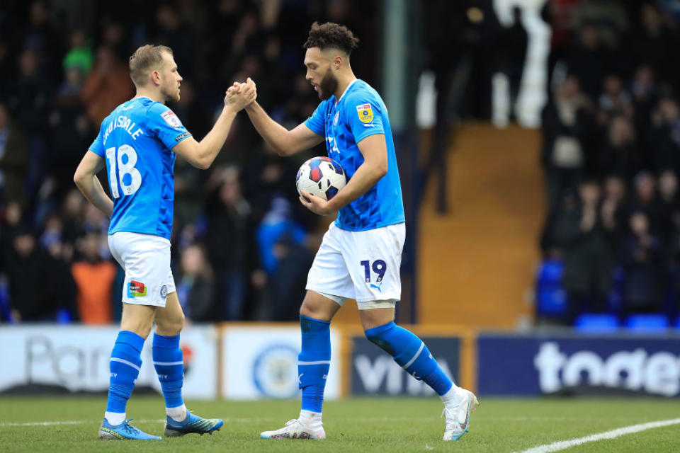 tockports Kyle Wootton is congratulated after making it 2-1 during the Sky Bet League 2 match between Stockport County and Tranmere Rovers at the Edgeley Park Stadium, Stockport on Saturday 4th February 2023. (Photo by Chris Donnelly/MI News/NurPhoto via Getty Images)