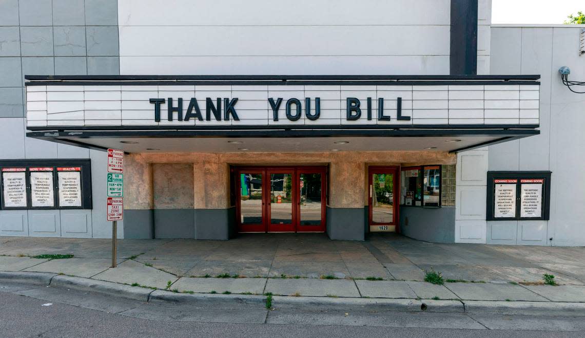 The historic Rialto Theatre on Glenwood Avenue in the Five Points neighborhood posted a tribute to former owner Bill Peebles after it closed and announced a planned reopening in May of 2023. Robert Willett/rwillett@newsobserver.com