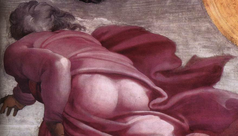 Dieu vu de dos lors de la Création, selon Michel-Ange. Fresque de la Chapelle Sixtine, Rome.