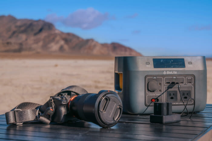 BioLite BaseCharge 600 on a table at the beach