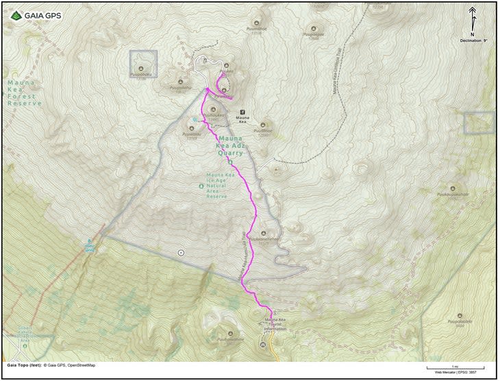 Mauna Kea Hike topographic map with trail