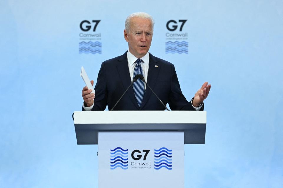 US President Joe Biden takes part in a press conference on the final day of the G7 summit at Cornwall Airport Newquay, near Newquay, Cornwall on June 13, 2021.