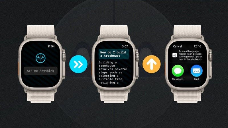 An image showing three screenshots of the Petey, the chatgpt watch app