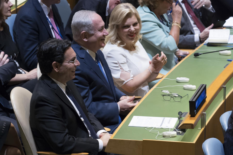 <p>Israeli Prime Minister Benjamin Netanyahu, center, his wife, Sara Netanyahu, and Ambassador to the United Nations Danny Danon listen as President Trump speaks during the 72nd session of the United Nations General Assembly at U.N. headquarters, Tuesday, Sept. 19, 2017. (Photo: Mary Altaffer/AP) </p>