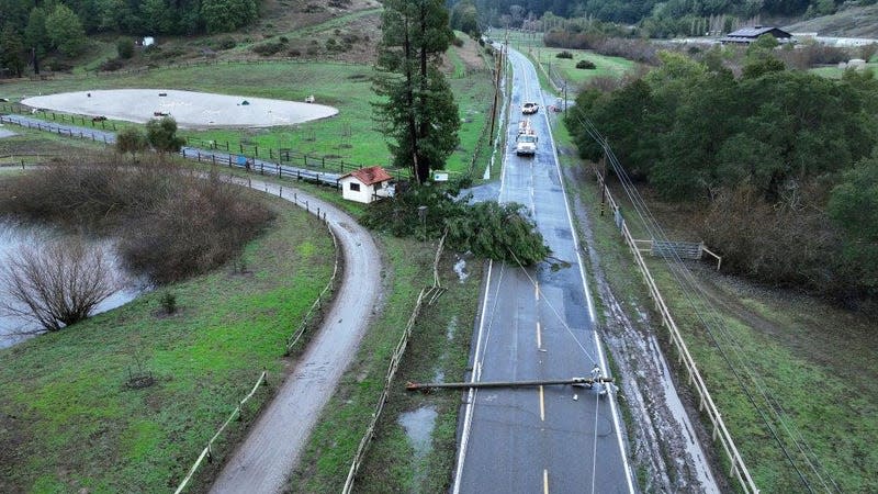 In an aerial view, a tree and utility pole are seen resting on Nicasio Valley Road after being toppled by high winds on January 05, 2023 in Nicasio, California.