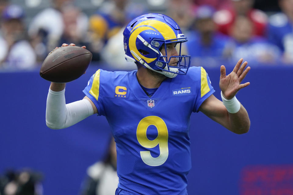 Los Angeles Rams quarterback Matthew Stafford looks to throw during the first half of an NFL football game against the New York Giants, Sunday, Oct. 17, 2021, in East Rutherford, N.J. (AP Photo/Frank Franklin II)