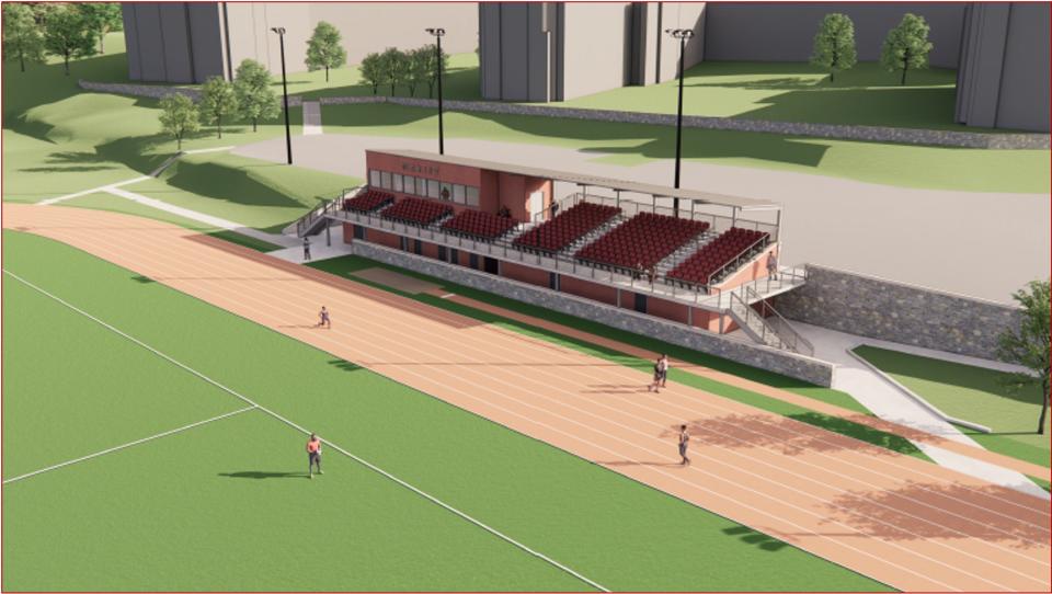 A rendering of the planned turf field and track that Marist College announced and began fundraising for in December. The facility could debut in spring 2025.