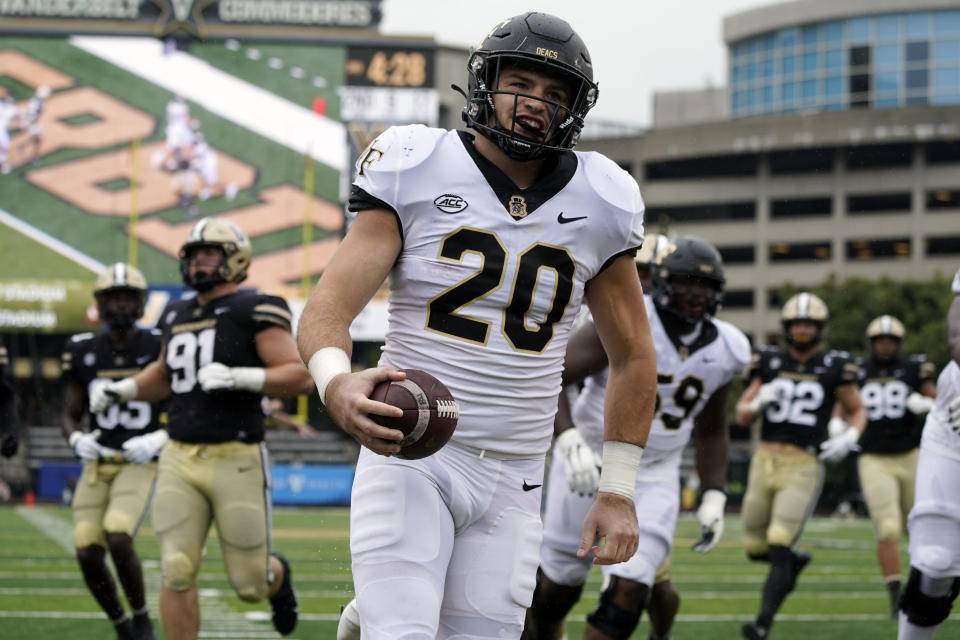 Wake Forest tight end Cameron Hite (20) scores a touchdown against Vanderbilt in the second half of an NCAA college football game Saturday, Sept. 10, 2022, in Nashville, Tenn. (AP Photo/Mark Humphrey)